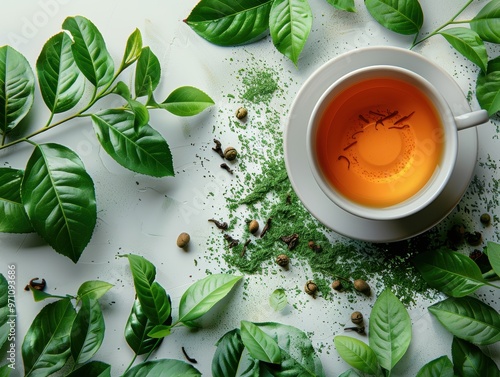 Photo of a tea cup and Tea leaves on a white background, top view with copy space concept for an advertising poster or banner design. Wide-angle lens, daylight.  photo