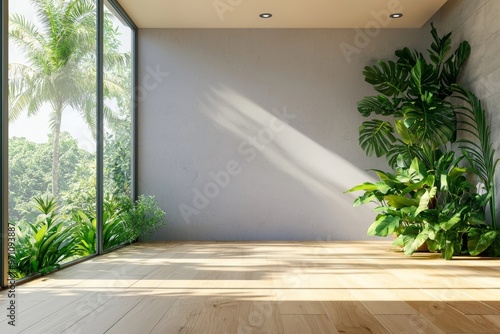 Wooden terrace in contemporary style with blank concrete tile wall for copy space 3D render There is a door leading to a living room that overlooks the landscape