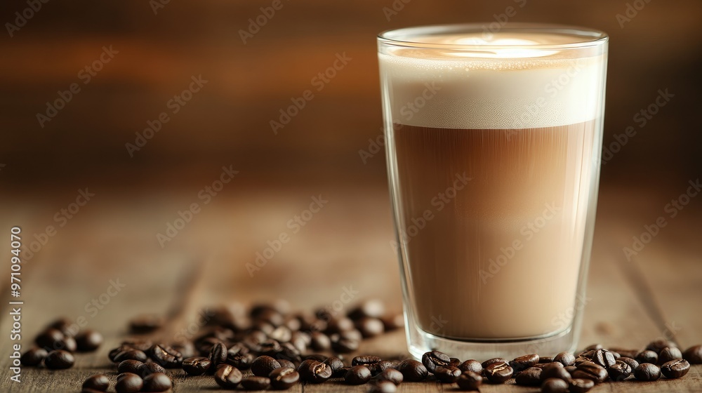 Steaming glass of latte with a perfect swirl of foam, accompanied by scattered coffee beans on a wooden surface. Steaming glass of latte with a perfect swirl of foam, accompanied by scattered coffee beans on a wooden surface.