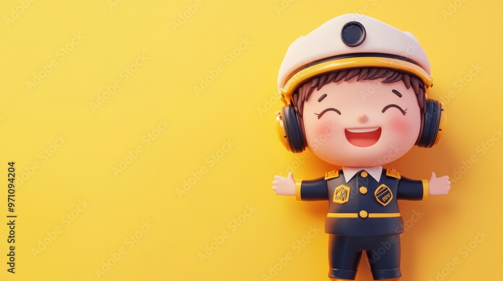 A cheerful cartoon character in a pilot uniform with headphones against a yellow background. A cheerful cartoon character in a pilot uniform with headphones against a yellow background.