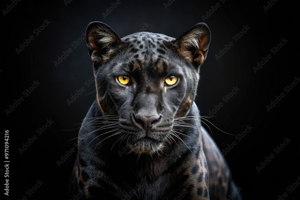 Mysterious black leopard's eyes gleam in the dark, its sleek fur blending seamlessly into a pitch-black background, creating a dramatic and alluring wallpaper design. Mysterious black leopard's eyes gleam in the dark, its sleek fur blending seamlessly into a pitch-black background, creating a dramatic and alluring wallpaper design.