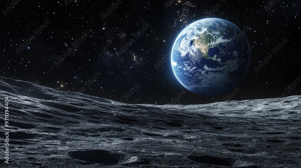 Stunning Earthrise from the moon surface, with blue Earth in the dark expanse of space and the lunar surface's craters in view. Stunning Earthrise from the moon surface, with blue Earth in the dark expanse of space and the lunar surface's craters in view.