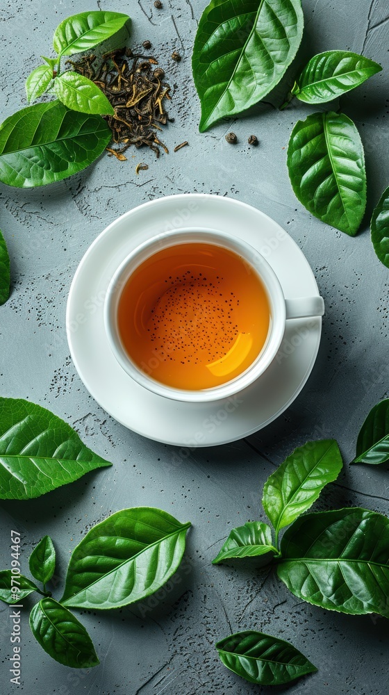 Photo of a tea cup and Tea leaves on a white background, top view with copy space concept for an advertising poster or banner design. Wide-angle lens, daylight. Photo of a tea cup and Tea leaves on a white background, top view with copy space concept for an advertising poster or banner design. Wide-angle lens, daylight.
