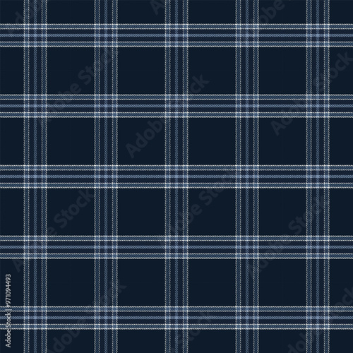 Plaid with twill weave repeat pattern in dark blue.Gingham seamless pattern with stripes.Checkered tartan Geometric graphic vector illustration background.