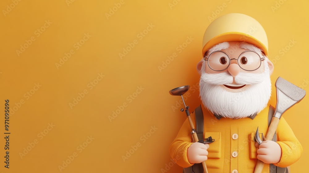 A cheerful character with a white beard and tools, set against a bright yellow background. A cheerful character with a white beard and tools, set against a bright yellow background.