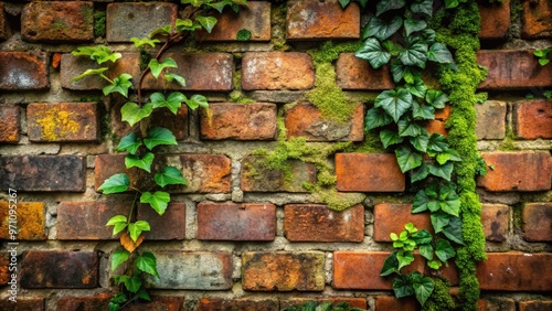 Old, weathered factory bricks with moss and ivy growing in the cracks, worn by time and industry, with a warm, distressed, vintage aesthetic. photo