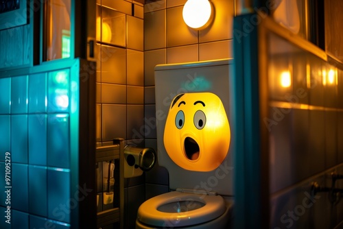 Surprised emoji toilet in a quirky restroom photo