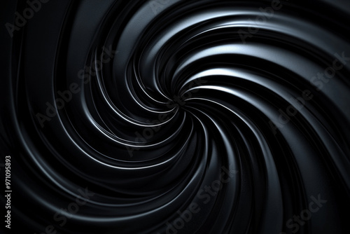 A dark black background featuring elegant, spiraling curved lines that create subtle shadow effects. The lines appear to twist and turn, forming a hypnotic, swirling pattern that gives a sense of