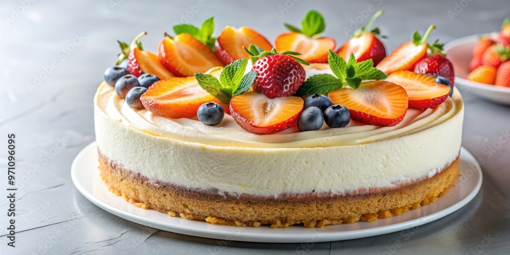 Delicious and light fresh mousse cake with swirls of cream and fruit toppings, mousse, cake, dessert, sweet, pastry, fresh Delicious and light fresh mousse cake with swirls of cream and fruit toppings, mousse, cake, dessert, sweet, pastry, fresh