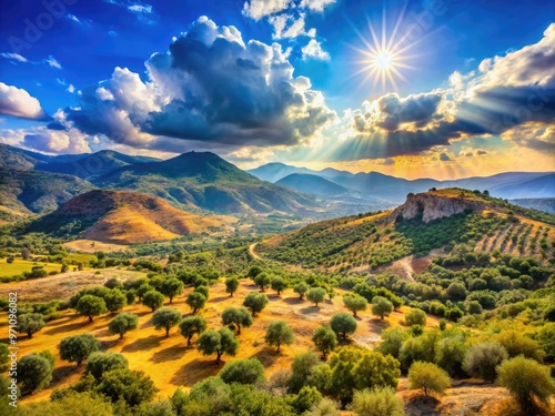 Panoramic view of rugged, sun-kissed Greek mountains with rolling hills, ancient olive groves, and wispy clouds set against a brilliant blue sky. photo