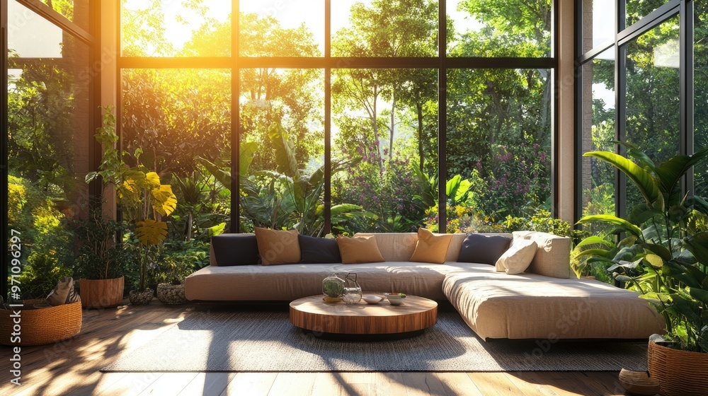 Sun-drenched modern living room with a plush sofa and expansive windows overlooking a lush green garden, creating a relaxing vibe. Sun-drenched modern living room with a plush sofa and expansive windows overlooking a lush green garden, creating a relaxing vibe.