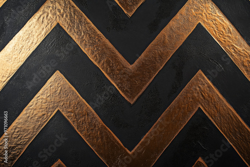 A deep black background with metallic bronze stripes forming a zigzag pattern. The bronze stripes catch the light, creating a warm, reflective surface against the matte black, adding an element of photo