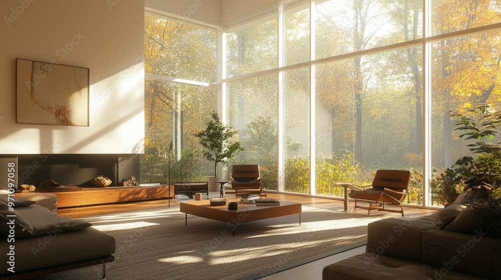 Φωτογραφία Sunlit modern living room with sleek furniture, cozy design, and bright natural lighting streaming in during the daytime