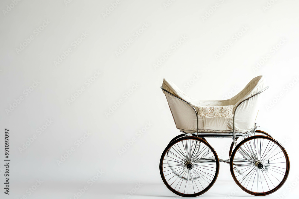 Modern Baby Carriage In White With Sleek Chrome Accents Against A White Background, Ideal For Product Presentation Or Baby Care Themes Modern Baby Carriage In White With Sleek Chrome Accents Against A White Background, Ideal For Product Presentation Or Baby Care Themes