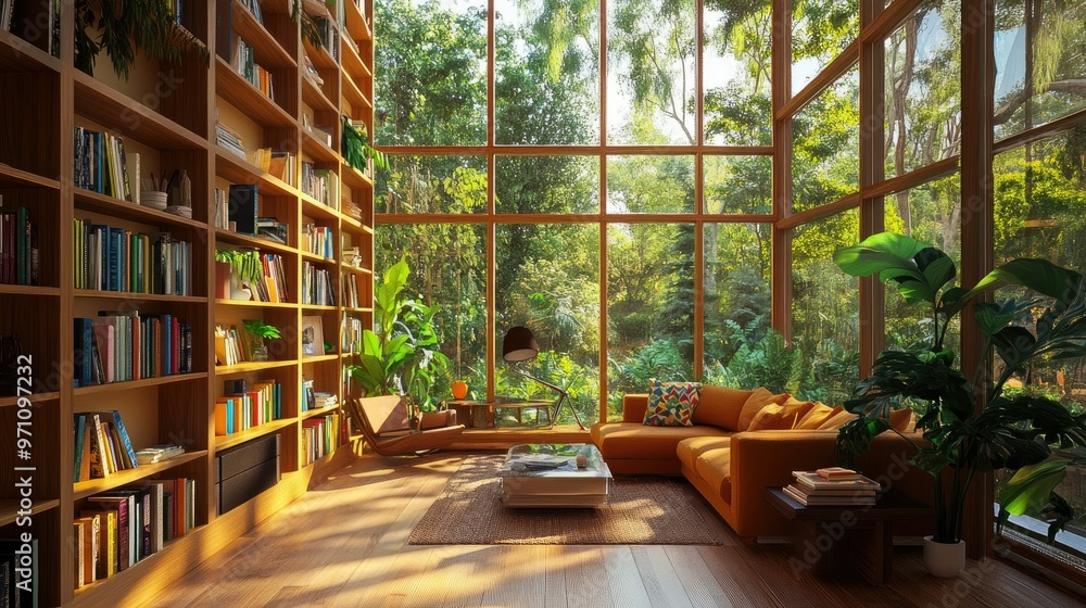 Sunlit room with tall wooden shelves packed with colorful books, comfy seating, and greenery visible through the windows. Sunlit room with tall wooden shelves packed with colorful books, comfy seating, and greenery visible through the windows.