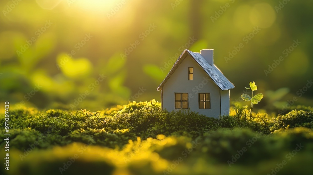 Sunrise over a paper house perched on moss, the scene promoting green living and harmony with nature in a garden. Sunrise over a paper house perched on moss, the scene promoting green living and harmony with nature in a garden.