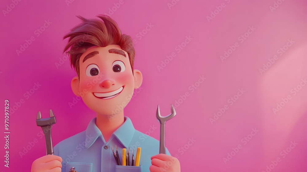 A cheerful young man holding tools, smiling against a pink background. A cheerful young man holding tools, smiling against a pink background.