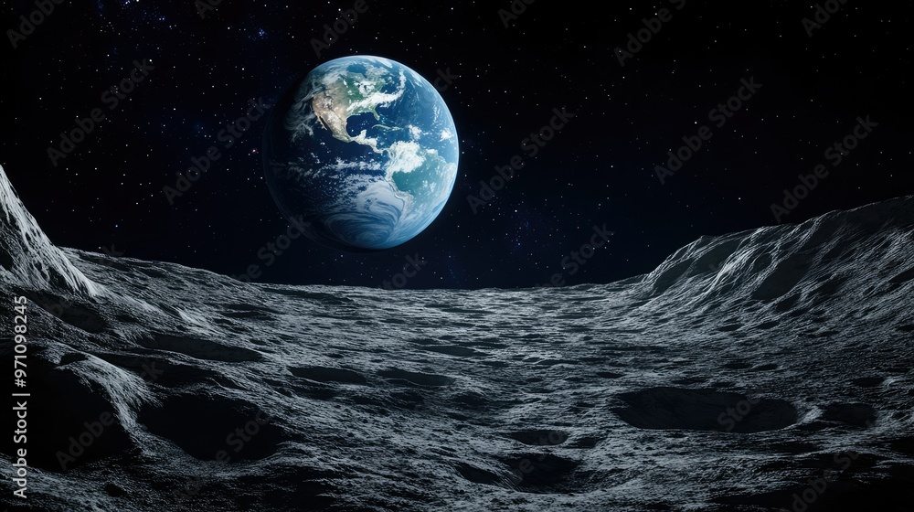 Obraz premium The breathtaking Earthrise as seen from the moon, with the dark space surrounding the blue planet and the lunar surface in detail.