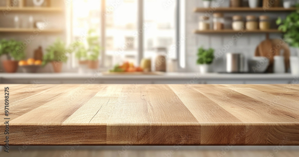 Empty Wooden Tabletop Counter in Bright Kitchen Interior with Free Space and Smooth Table Texture for Meetings Empty Wooden Tabletop Counter in Bright Kitchen Interior with Free Space and Smooth Table Texture for Meetings
