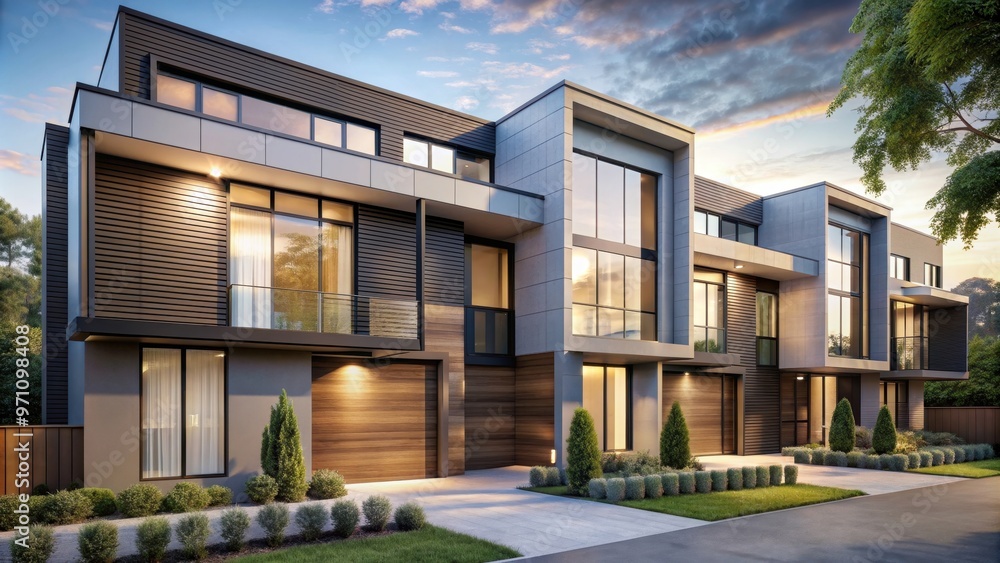 Modern townhouse exterior with sleek lines, large windows, and minimalist design , townhouse, exterior, modern Modern townhouse exterior with sleek lines, large windows, and minimalist design , townhouse, exterior, modern