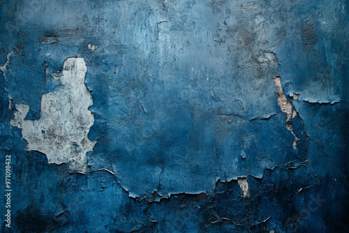 A grunge wall texture in dark blue, featuring water damage, mold stains, and cracked paint for a dilapidated feel.