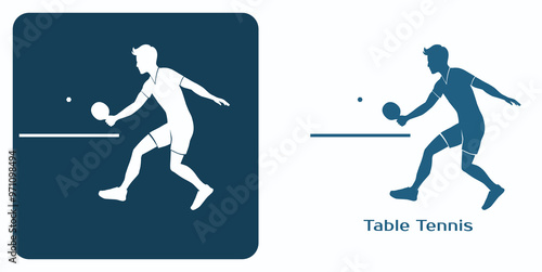 Ping Pong Emblem. Young man playing table tennis. Player in motion hits the ball. Vector illustration.