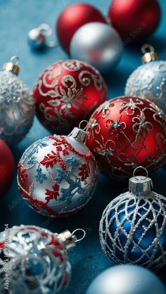 Red and silver Christmas ornaments with a soft blue background. Red and silver Christmas ornaments with a soft blue background.
