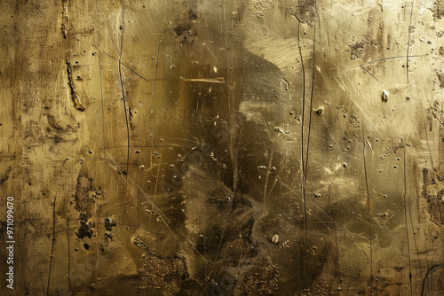 A grunge wall texture in dull gold, with rough patches, scratches, and an aged, tarnished finish. photo