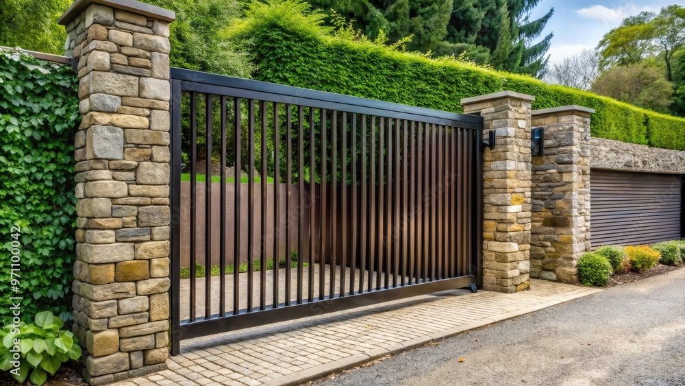 Rugged, modern sliding metal driveway gate with horizontal bars and industrial rollers, set amidst a rustic stone wall and lush greenery, evoking a sense of security. Rugged, modern sliding metal driveway gate with horizontal bars and industrial rollers, set amidst a rustic stone wall and lush greenery, evoking a sense of security.
