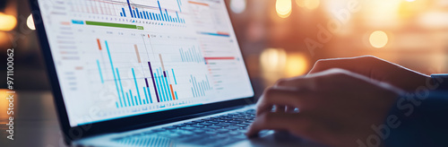 Close-up of hands typing on a laptop displaying financial graphs and charts, highlighting data analysis and business insights. 