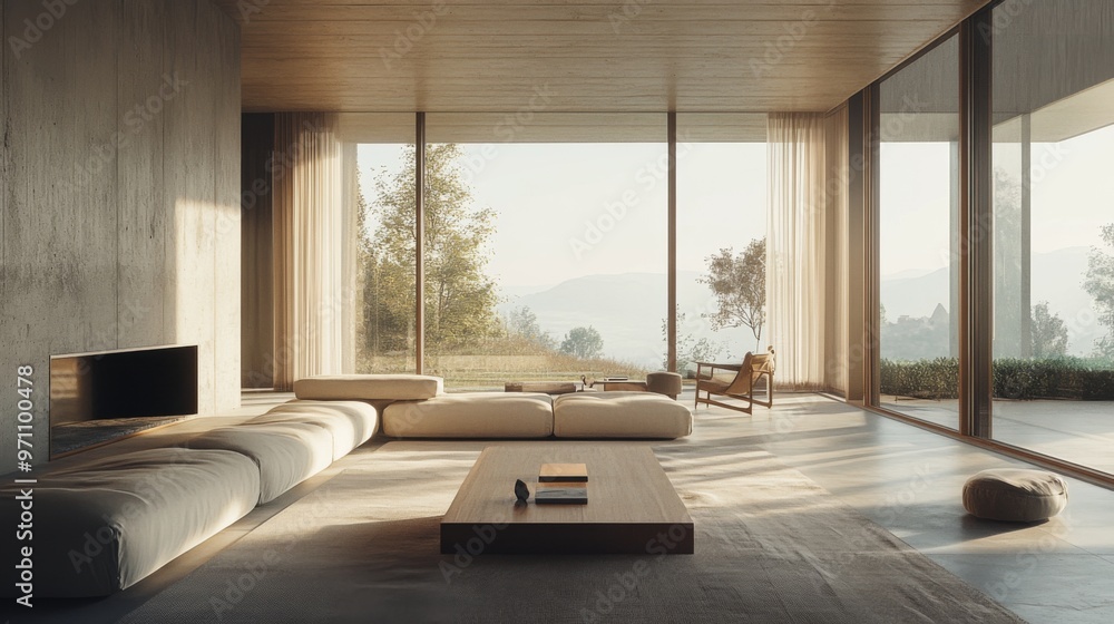 High-resolution shot of a minimalist living space with large windows, natural light, and a few carefully chosen decorative elements for a sophisticated look High-resolution shot of a minimalist living space with large windows, natural light, and a few carefully chosen decorative elements for a sophisticated look