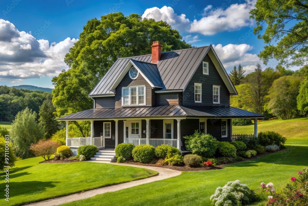 Rustic and charming, a classic black farmhouse with white trim and metal roof stands amidst lush greenery and a serene rural landscape on a sunny day. Rustic and charming, a classic black farmhouse with white trim and metal roof stands amidst lush greenery and a serene rural landscape on a sunny day.