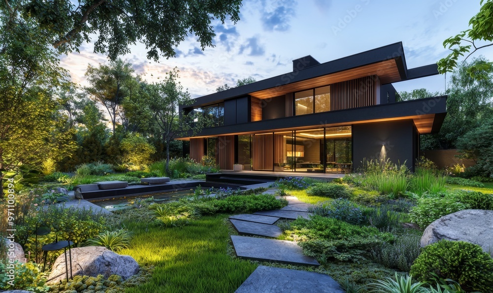 This is a 3D rendering of a modern cosy house with a parking lot and pool for sale or rent. The house has a wood plank facade with beautiful landscaping in the background. It is a clear summer This is a 3D rendering of a modern cosy house with a parking lot and pool for sale or rent. The house has a wood plank facade with beautiful landscaping in the background. It is a clear summer