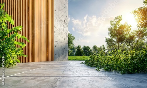 With wood plank facade and beautiful landscaping in the background, this 3D rendering shows a modern cozy house with parking and a pool, for sale or rent. There is a clear summer evening with nice