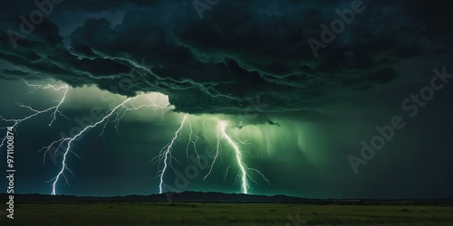 realistic photography of a green lightning strike on dark skies background
