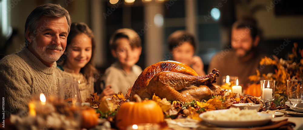 A warm Thanksgiving scene with a family around a festive table, featuring a golden turkey, vibrant sides, and autumn decor. The atmosphere is filled with joy, gratitude, and shared warmth. A warm Thanksgiving scene with a family around a festive table, featuring a golden turkey, vibrant sides, and autumn decor. The atmosphere is filled with joy, gratitude, and shared warmth.