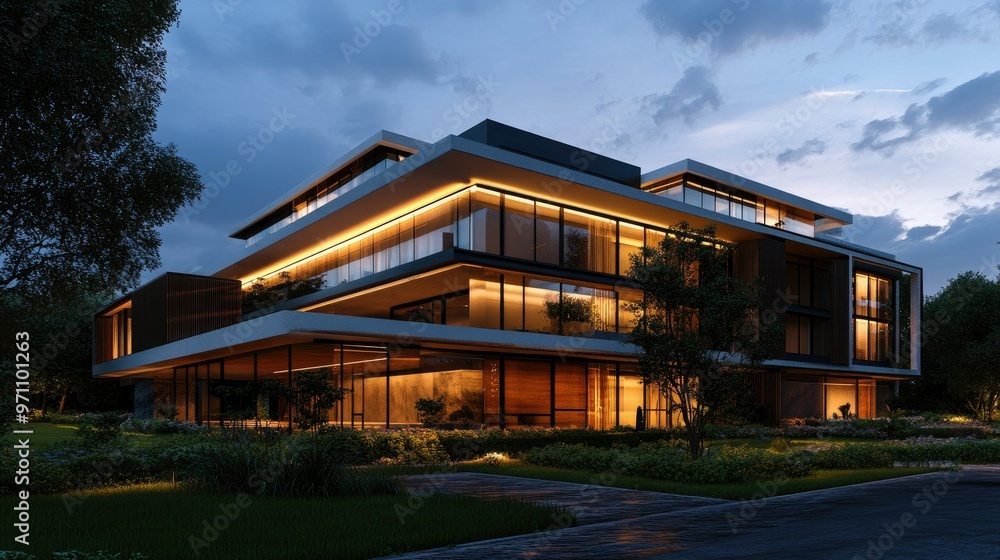 Twilight scene of a modern building designed through BIM technology, showcasing advanced 3D rendering and architectural precision Twilight scene of a modern building designed through BIM technology, showcasing advanced 3D rendering and architectural precision