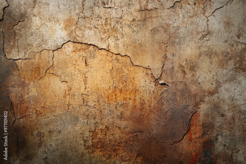 A grunge wall texture in mossy brown, showing heavy wear, rust, and signs of age, with a rough, cracked surface.