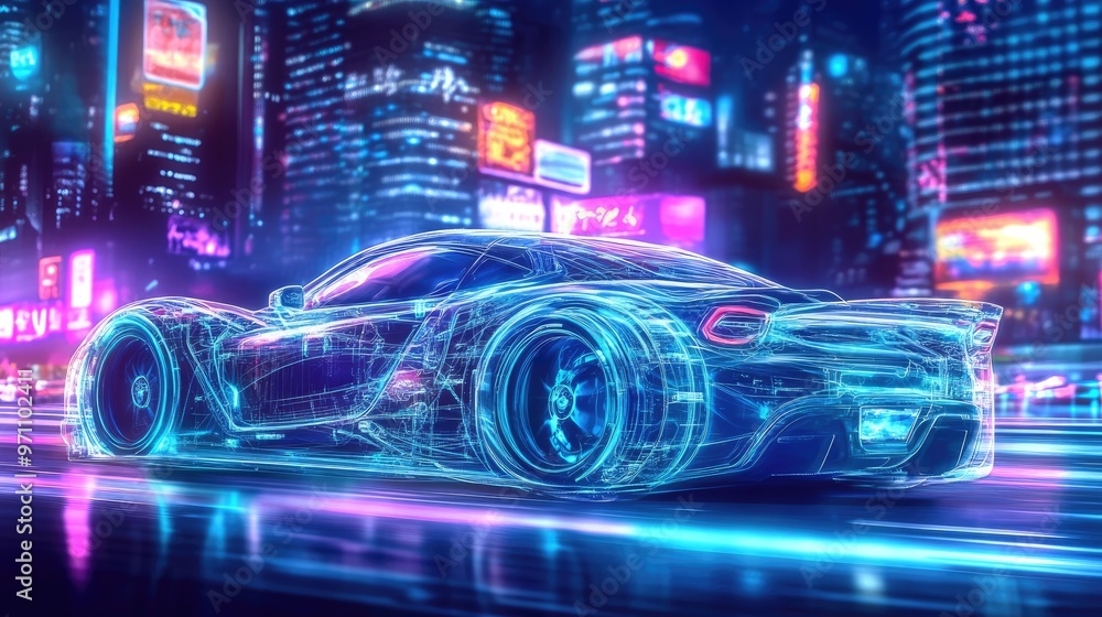 Futuristic neon car in a vibrant cityscape. Futuristic neon car in a vibrant cityscape.