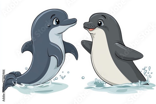 A vibrant illustration showing a seal and a dolphin joyfully playing together in water, emanating a sense of playful camaraderie. Suitable for child-friendly usages. photo