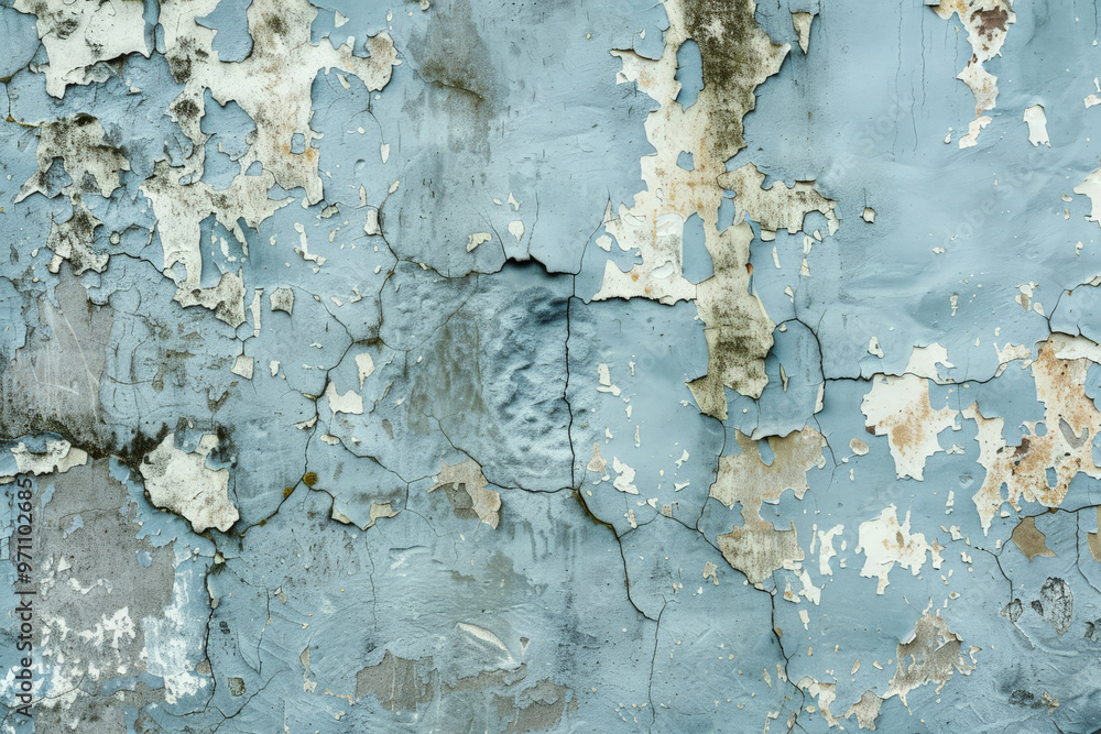 A grunge wall texture in pale blue, featuring heavy weathering, water stains, and chipped paint.