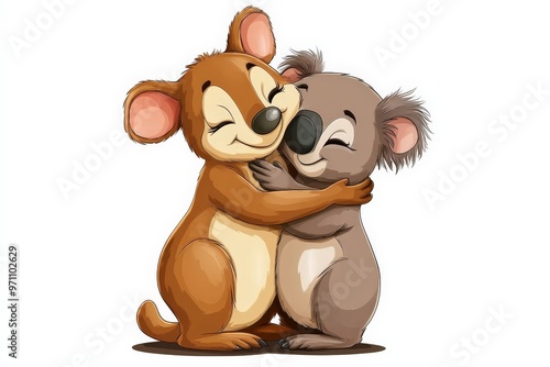 An expressive cartoon shows a joyful kangaroo and koala sharing a tight hug, highlighting themes of happiness, friendship, and close connections within a serene setting. photo