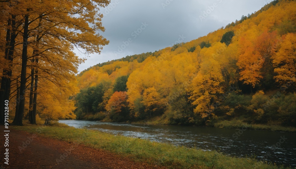Fototapeta premium foggy autumn forest. Moody atmosphere in misty woodland at fall season