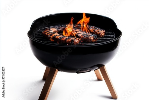 A vibrant barbecue grill with sizzling steaks and flames, with isolated on white background