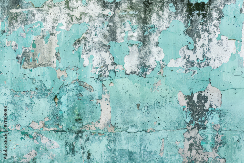 Fototapeta premium A grunge wall texture in pale turquoise, with a distressed, worn appearance, showing signs of age and decay.