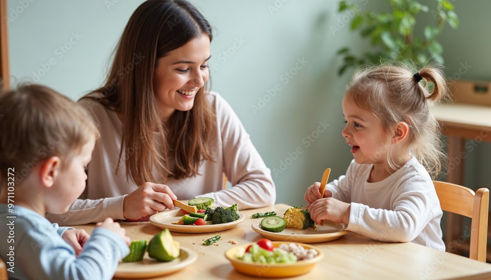 Kids have a lunch in day care centre. Children eating healthy food in kindergarten. Nursery teacher with babies at table Kids have a lunch in day care centre. Children eating healthy food in kindergarten. Nursery teacher with babies at table