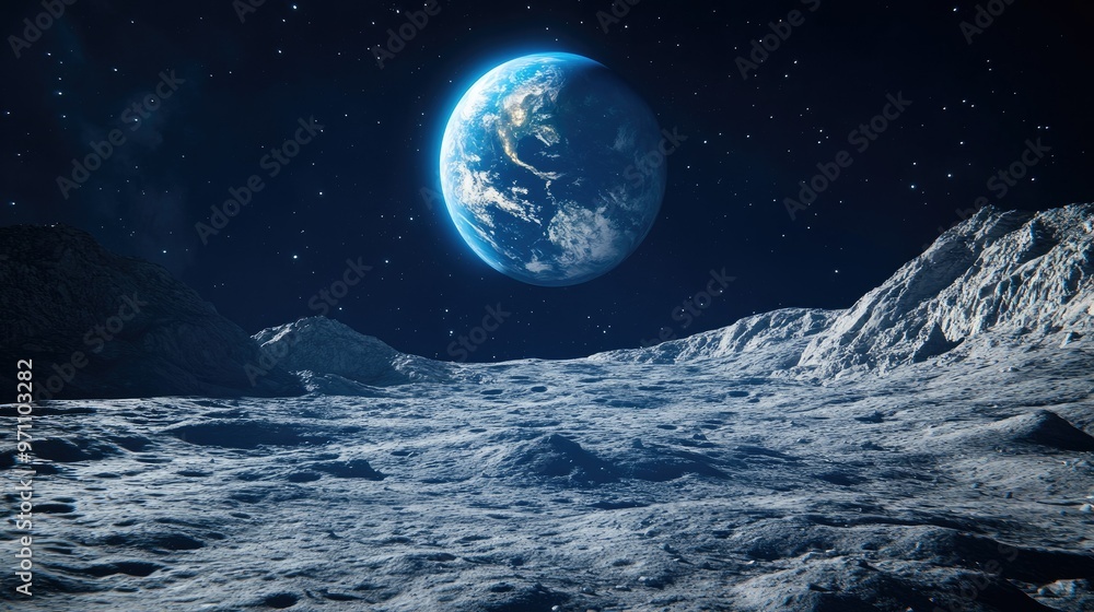 View of Earth rising above the moon horizon, casting a blue glow over the rugged, cratered lunar landscape.
