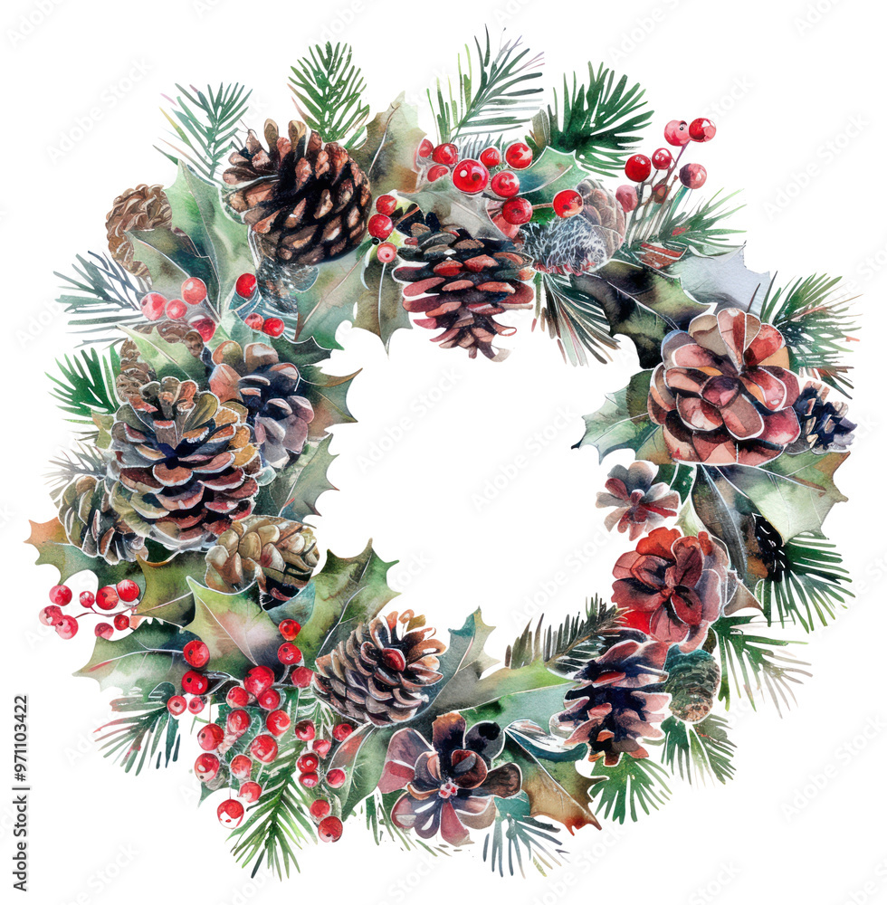 Fototapeta premium PNG Festive pinecone holly wreath