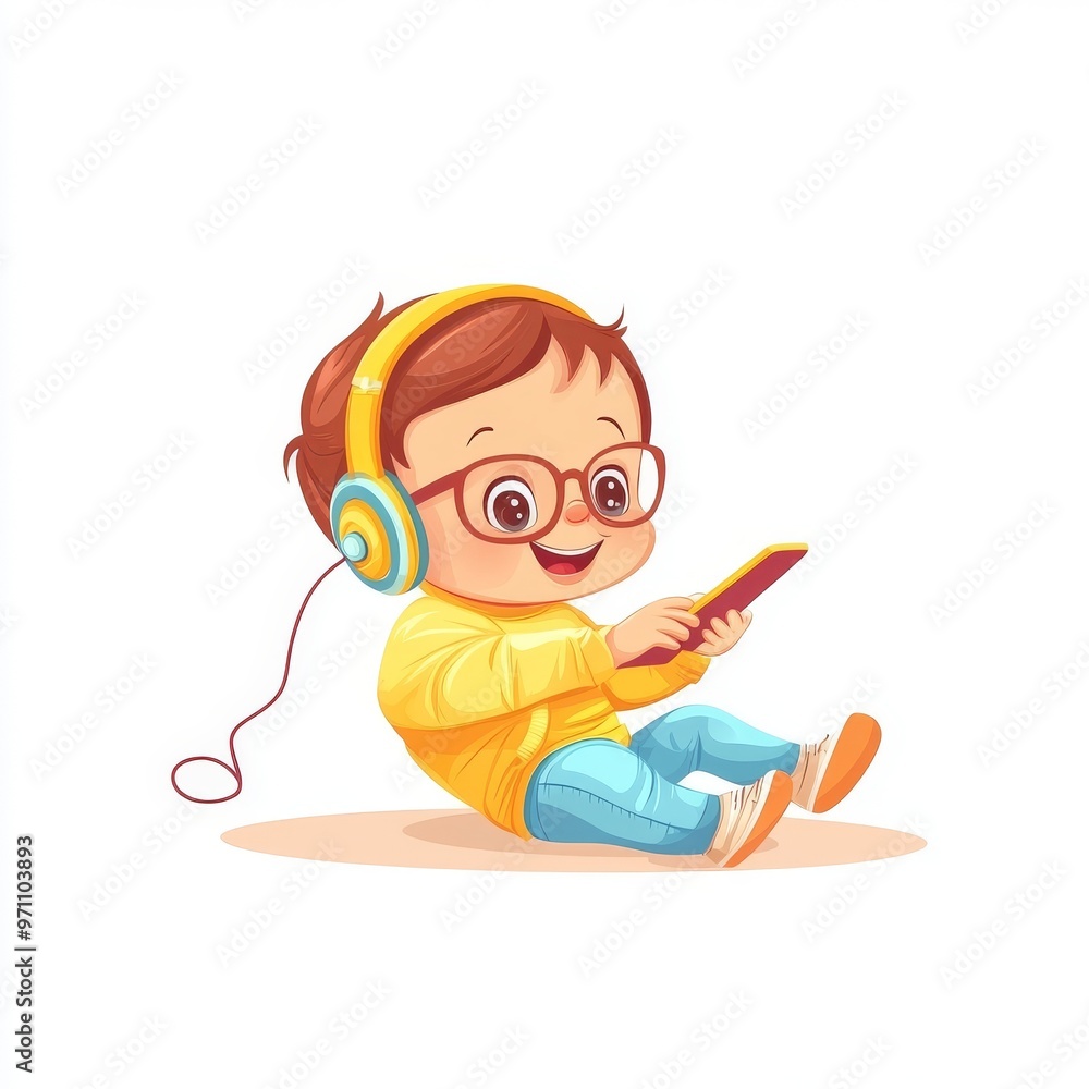 The happy little boy is sitting on the floor listening to music in headphones, colored cartoon character illustration in a modern style The happy little boy is sitting on the floor listening to music in headphones, colored cartoon character illustration in a modern style