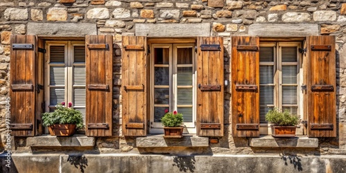 Rustic wooden shutters adorn a charming house facade, featuring rectangular panels with worn hinges and subtle nail details, evoking a sense of classic rural charm. photo